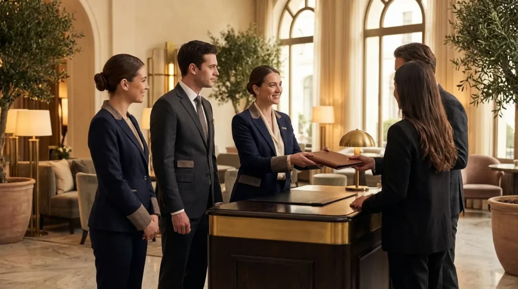 Dress-code hôtellerie luxe — équipe d’accueil en uniforme premium dans un hôtel haut de gamme