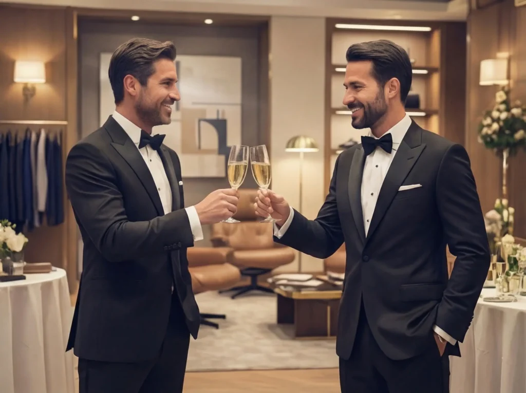 Deux hommes en smoking noir et nœud papillon trinquant lors d’une réception black tie