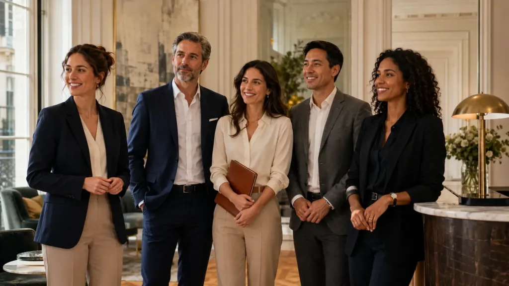 dress-code entreprise corporate : équipe en tenue professionnelle alignée avec l'identité de marque